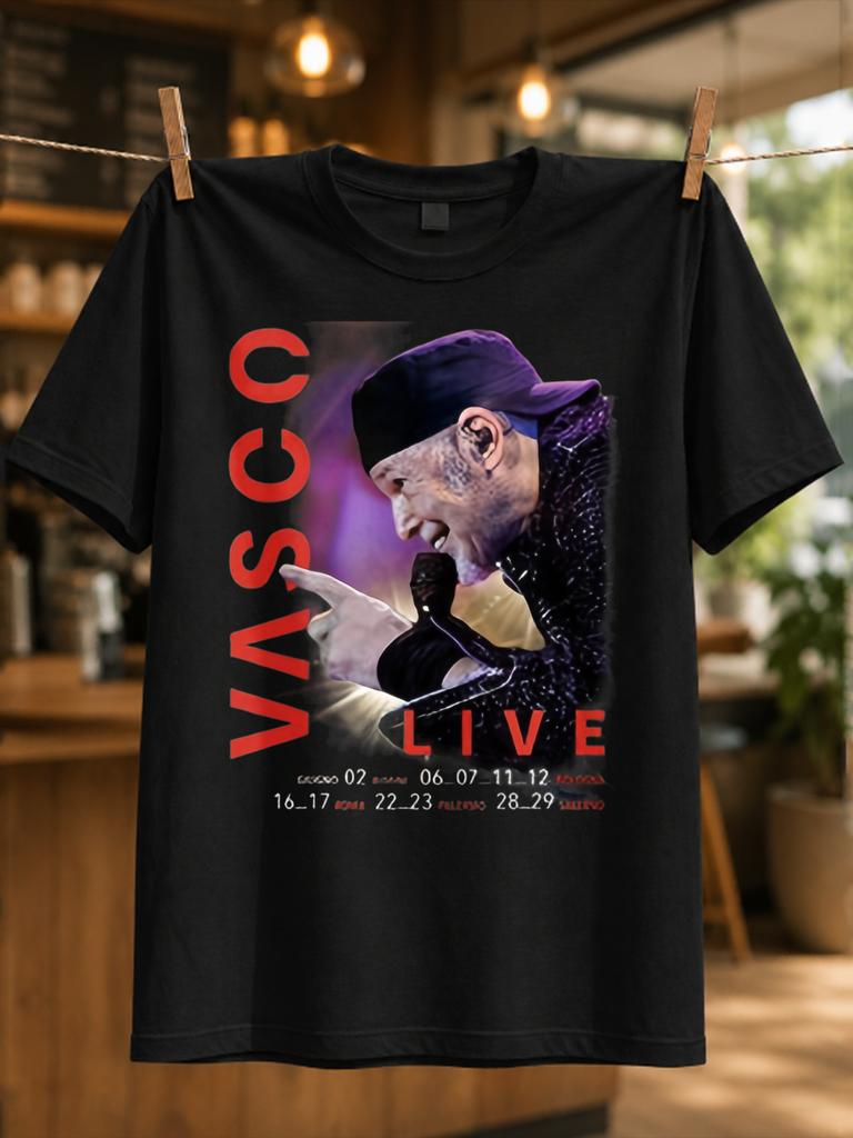 Vasco Live Close Stage Singer Profile With Red Vertical Name Text Tour Date List And Dramatic Unisex All TShirt