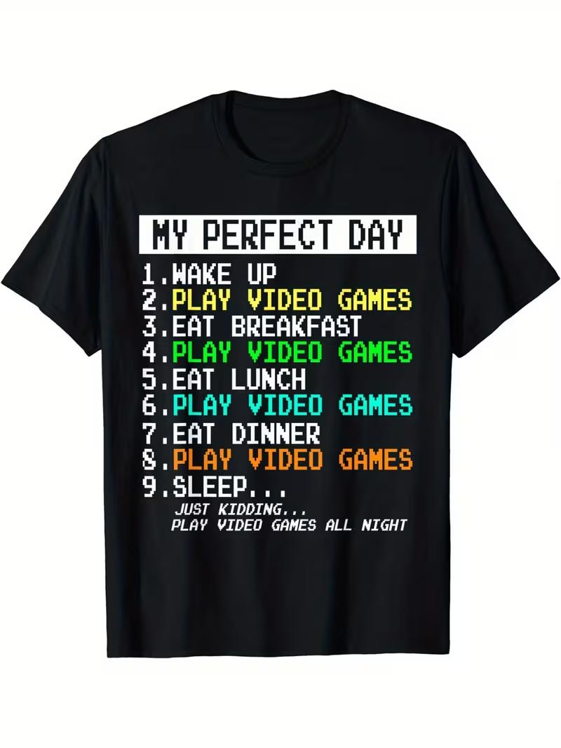 

Funny My Perfect Day Video Games T-Shirt for Men, Gamer Humor Graphic Short Sleeve Tee, Casual Cool Gift for Gaming Lovers S разноцветный