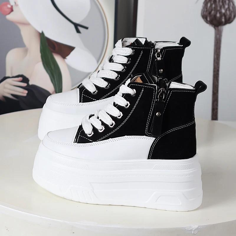 Fashion 12CM Genuine Leather PU Splice Spring Autumn Ankle Boots Women Platform Cushioned Wedge High Brand Chunky Sneakers Fashion Shoes