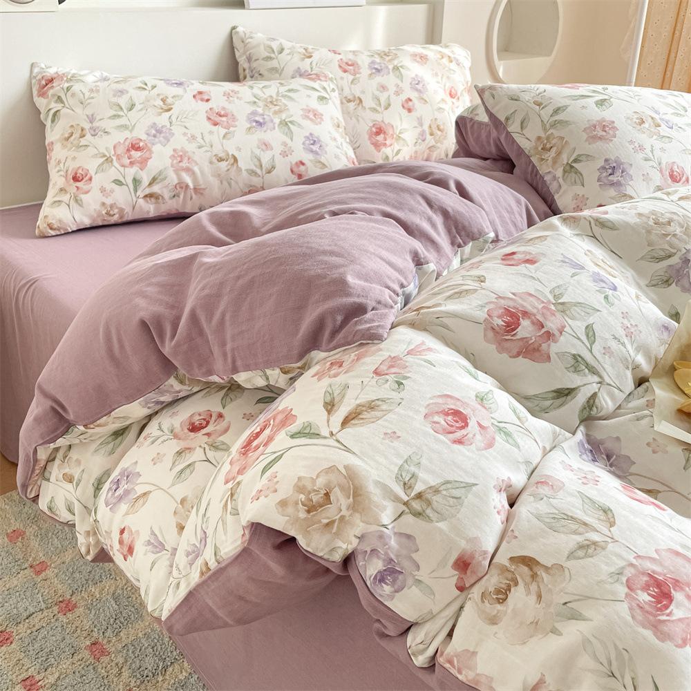 Pure Cotton Class A Maternal And Infant Grade Double-Layer Yarn Four-Piece Set, Summer Breathable Small Floral Dormitory Can Be Washed Without Pilling