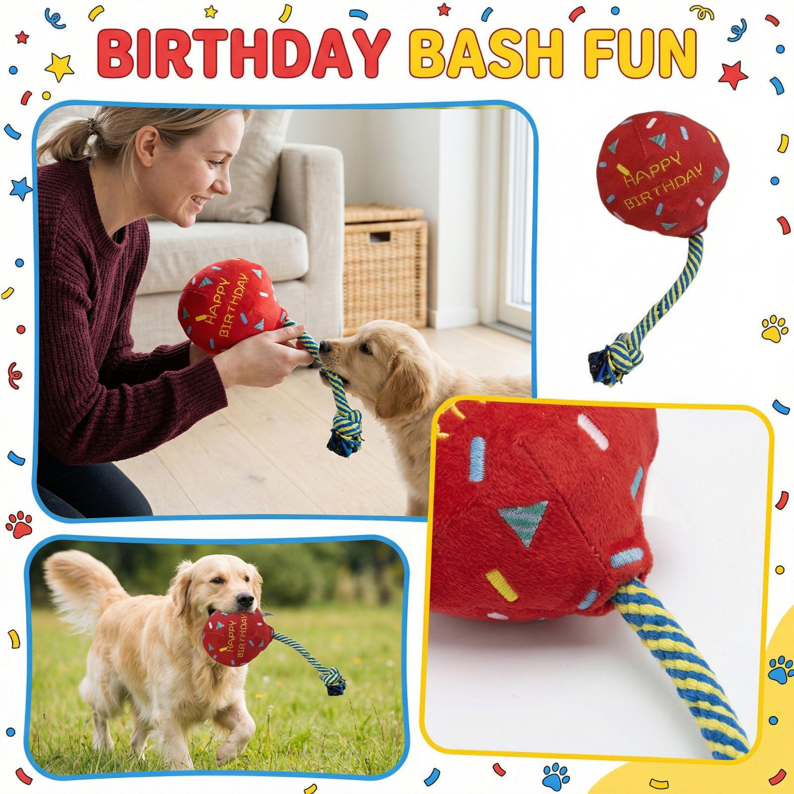 

Birthday Themed Plush Rope Ball Dog Toy - Interactive Squeaky Chew Toy For Puppies & Small Dogs One Size