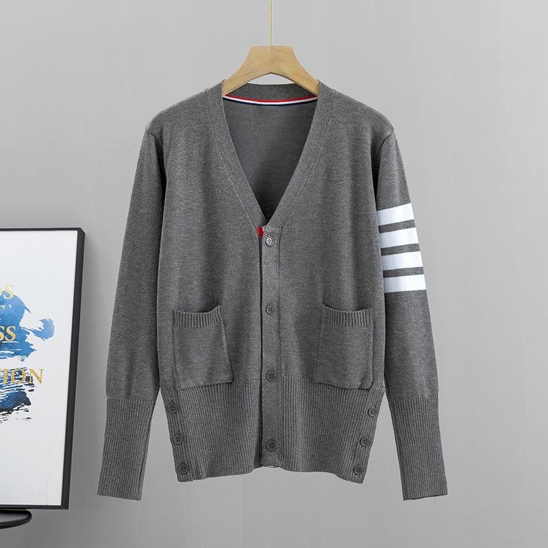 Four-Bar Stripe Unisex Knitted Cardigan - Loose Fit, College Style, Plus Size, Perfect for Spring and Autumn.