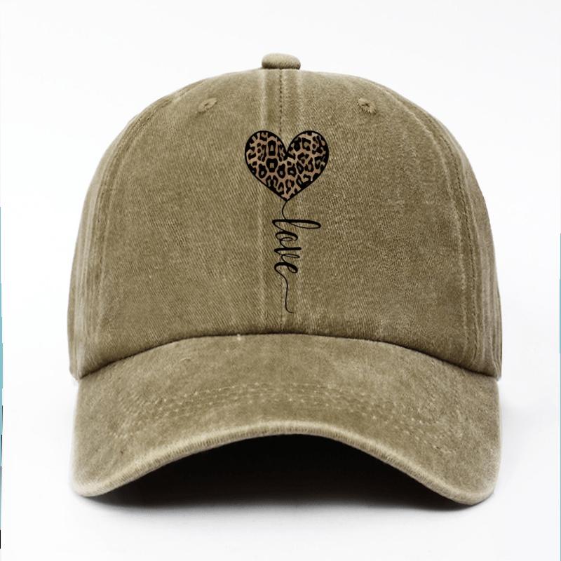 Leopard Heart Love Script Baseball Cap Distressed Sun Protection Casual Adjustable Unisex Outdoor Cap