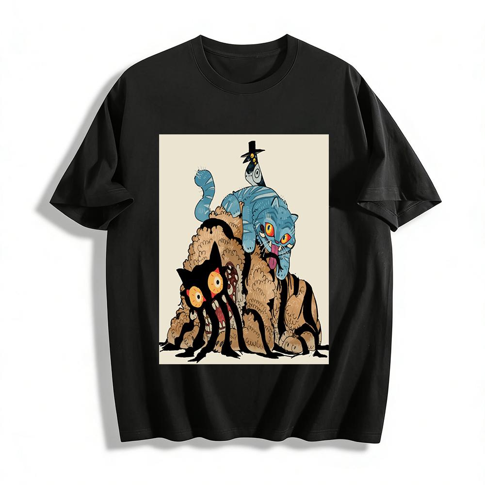 Weird Dark Style Patchwork Monster Print Tops Trendy Street Cool Loose Casual Long Sleeve T-shirts Pure cotton T-shirt XXS