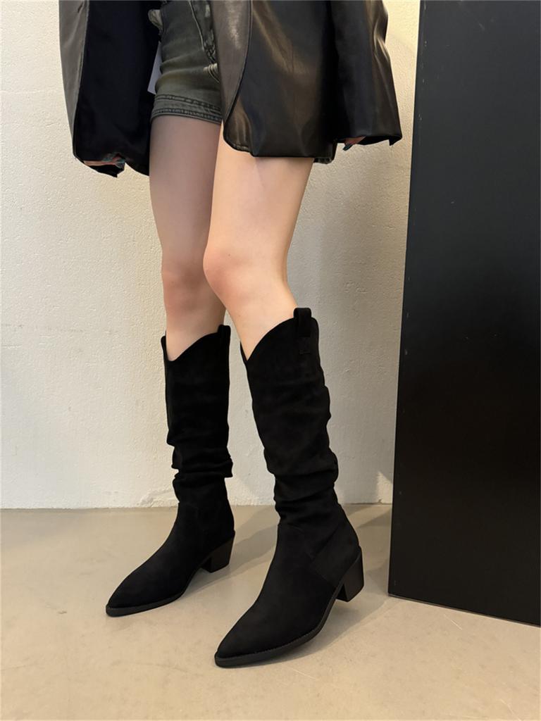 French Retro Coffee Stacked Boots Western Cowboy Boots Summer and Autumn High Boots Women's Boots Small Khaki Boots