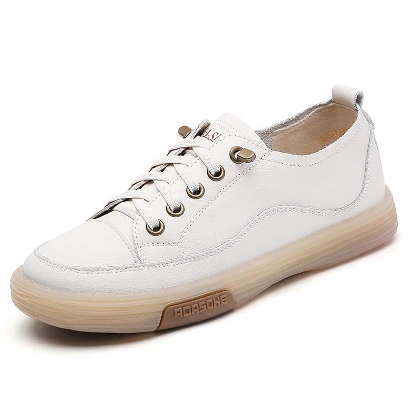Fashion Genuine Leather Women Soft Sole Walking Shoes Girl Student 2026 Sneaker White Black Flats Female Casual Skate Trainers Summer