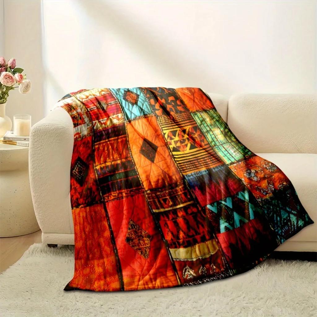 Bohemian Patchwork Flannel Blanket Vibrant Ethnic Geometric Print Cozy Soft All-Season Throw Blanket For Bed Couch & Home Decor
