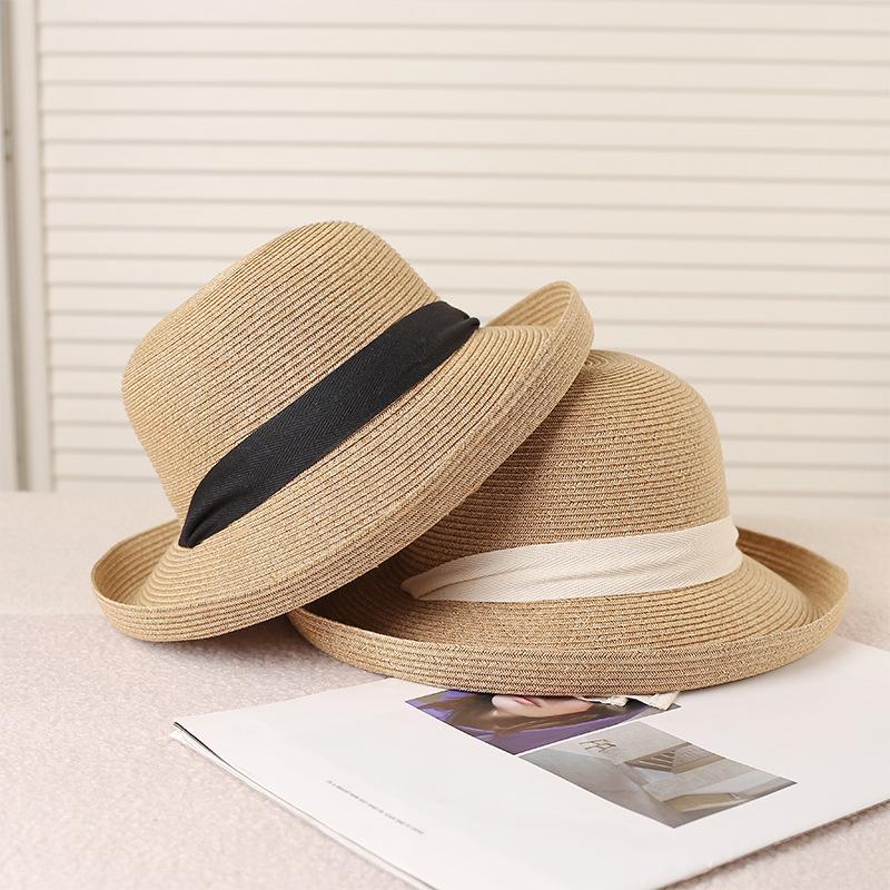 New Trendy Summer Women'S Straw Hat Rolled Edge Bow Breathable Sunscreen Large Eaves Sun Hat Shading Sun Beach Seaside Cap