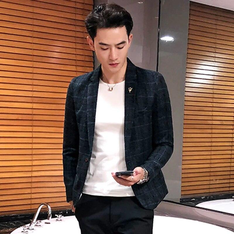 Men's Spring and Fall Casual Plaid Suit Jacket Linen Plaid Business Slim Wedding Dress Party Suit Jacket