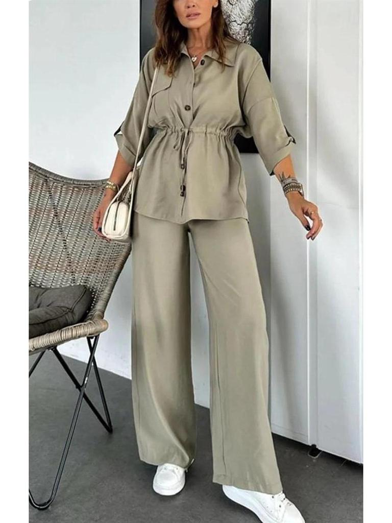2025 Women's Autumn Casual Set: Solid Color Drawstring Top & Wide-Leg Pants