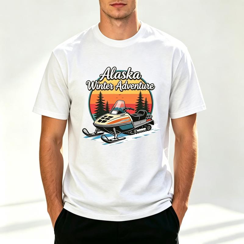 Alaska Winter Adventure T Shirt Snowmobile Graphic Tee Retro Sunset Mountain Pine Tree Print Cotton Short Sleeve for Unisex