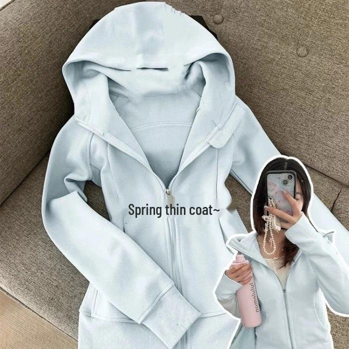 Dark Blue Hooded Waist-Cinching Slim-Fit Cardigan - Fashionable Dopamine Boost Top Large