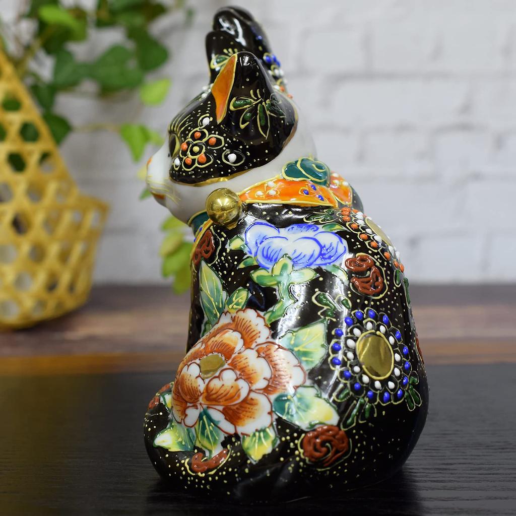 Kutani Ware Maneki-neko Figurine, Right-Handed, Sitting Sideways, with Black Flowers and Butterflies, Feng Shui, Good Luck, Japanese Style, Interior