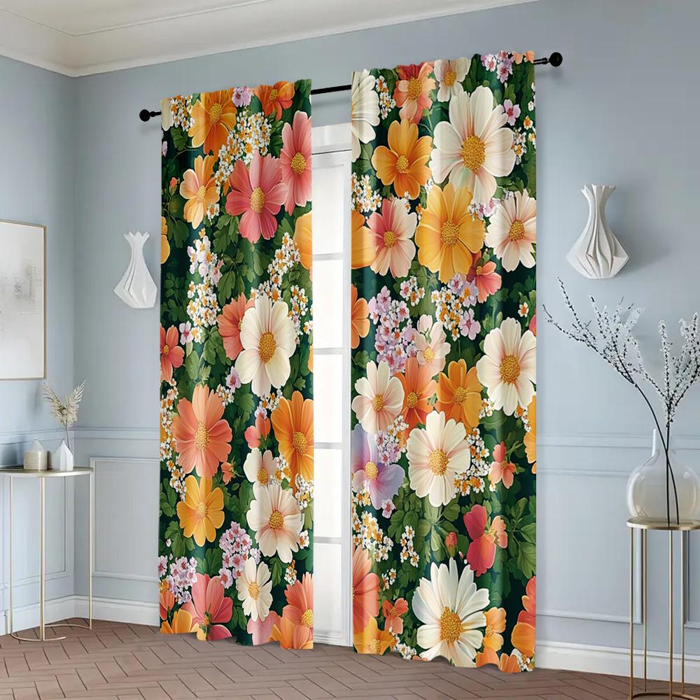 Curtain Cloth Print Beautiful Flowers Polyester Without Rod Thermal Insulation Functions Perfect Curtains Room Darkening Set Of 2 Made