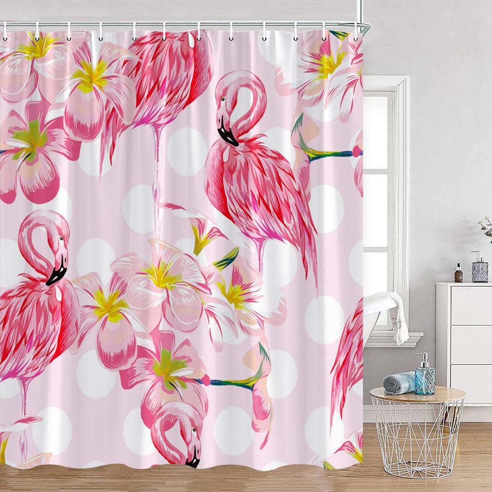 Flamingos Shower Curtains Tropical Leaves Pink Birds Green Plants Bathroom Curtain Polyester Fabric Home Decorations with Hooks
