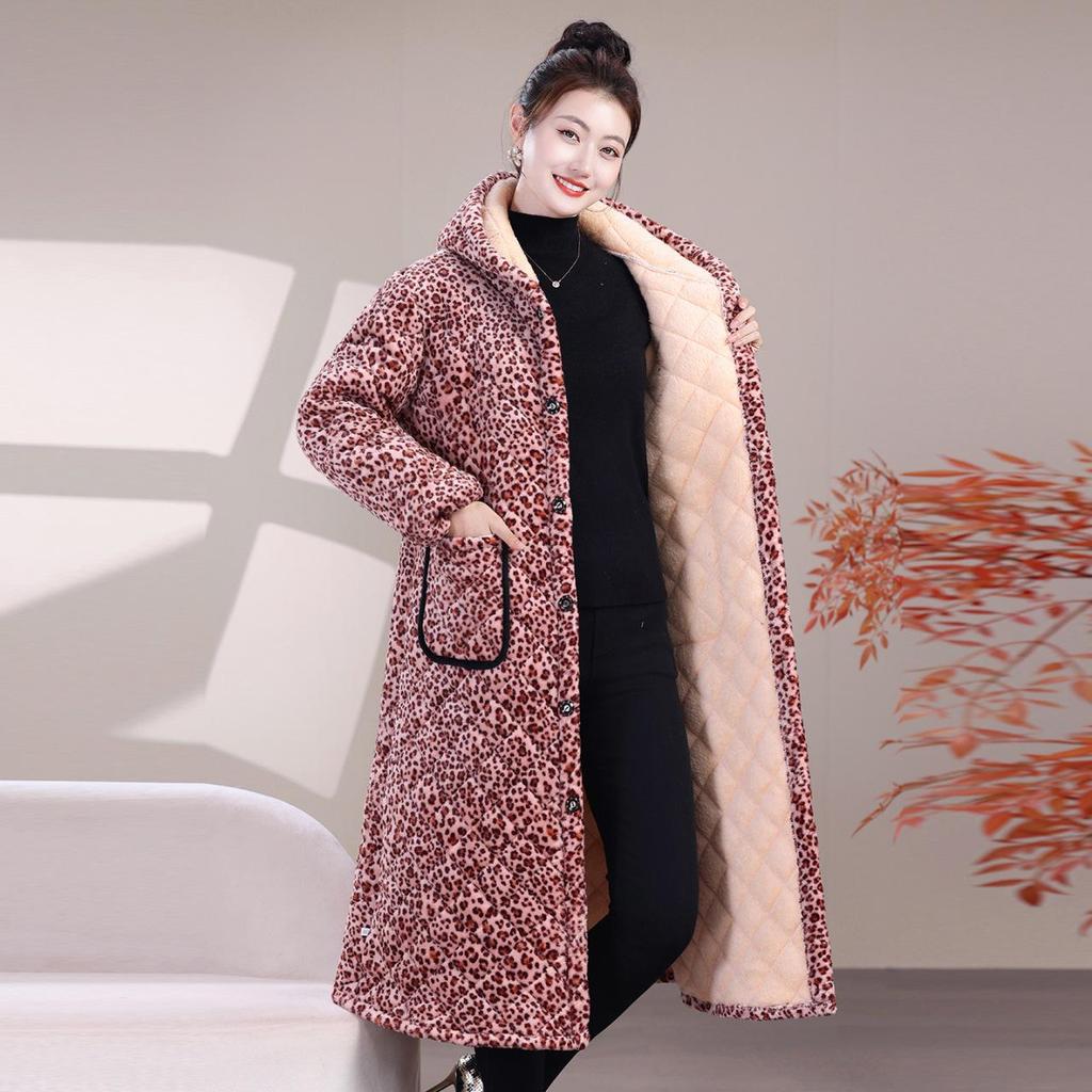 Women's Extra Long Flannel Hooded Jacket with Thick Fleece Padding for Winter Work and Home Wear