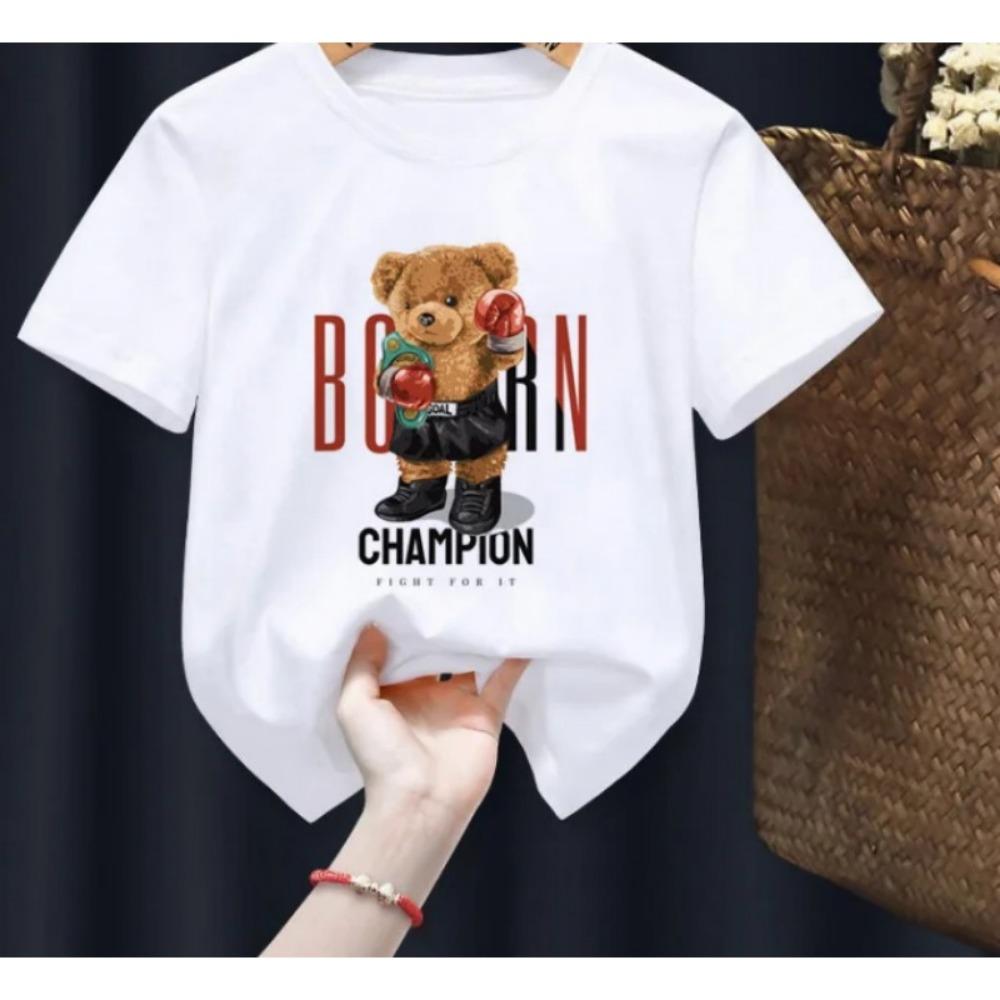 Children's Funny Bear Print T-shirt Summer Short Sleeve Cartoon Harajuku Style Girl Boy Teddy Bear T-Shirt Tops for Kids