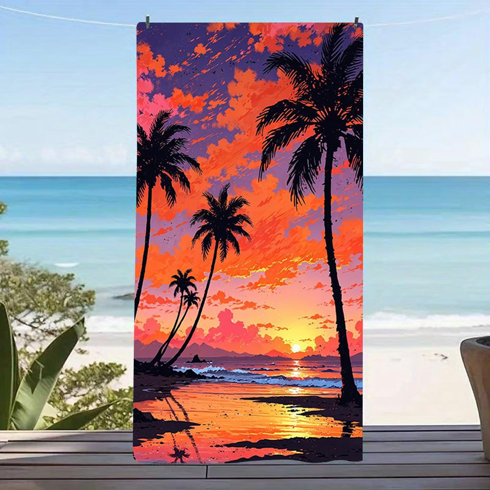 Buntes Meeres-Sonnenuntergang-Palmen-Silhouetten-Strandtuch, Leichtes schnelltrocknendes Handtuch für Reisen und Outdoor-Aktivitäten