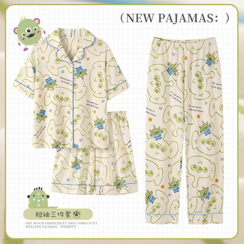 

Summer three-eyed pajamas women s spring and autumn summer pure cotton three-piece short-sleeved new cardigan loungewear set m imitation cotton