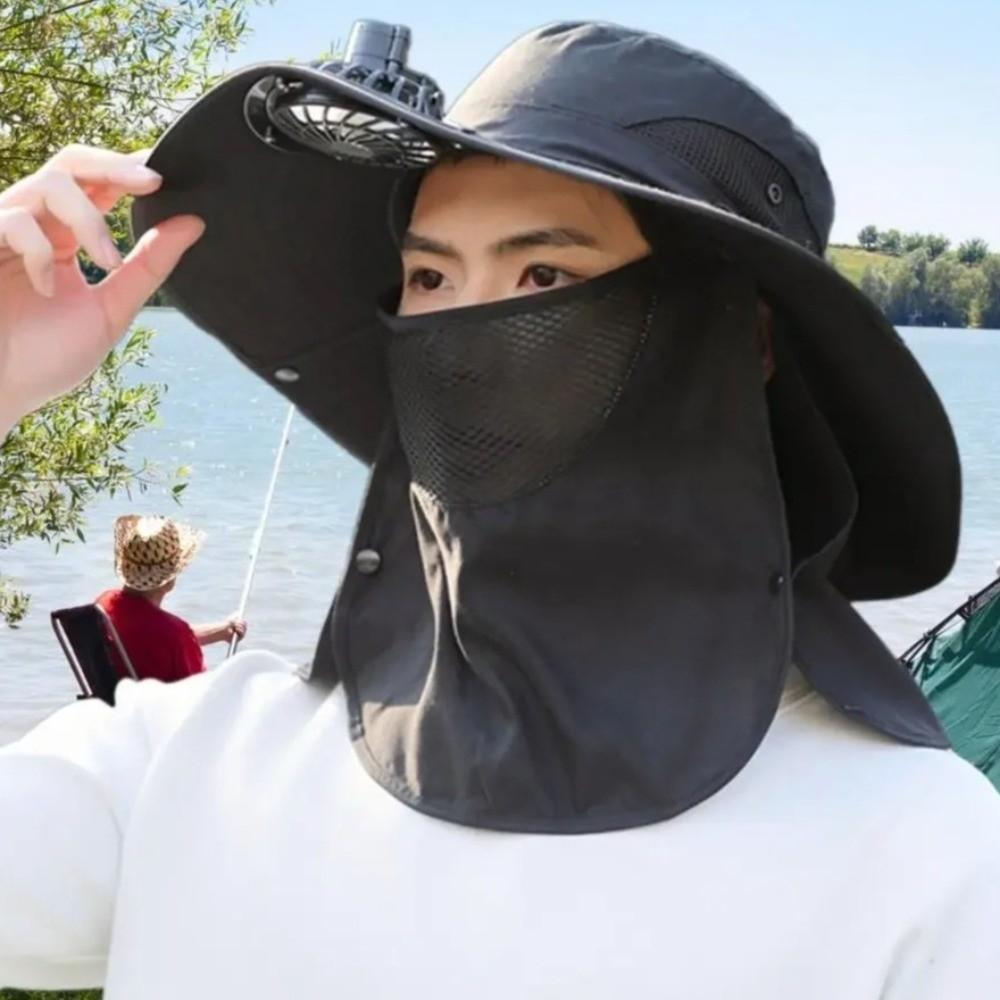 Windproof Neck Flap Bucket Hat Cooling Fan Hat for 3.7 V 500 mAh Lithium Battery Outdoor