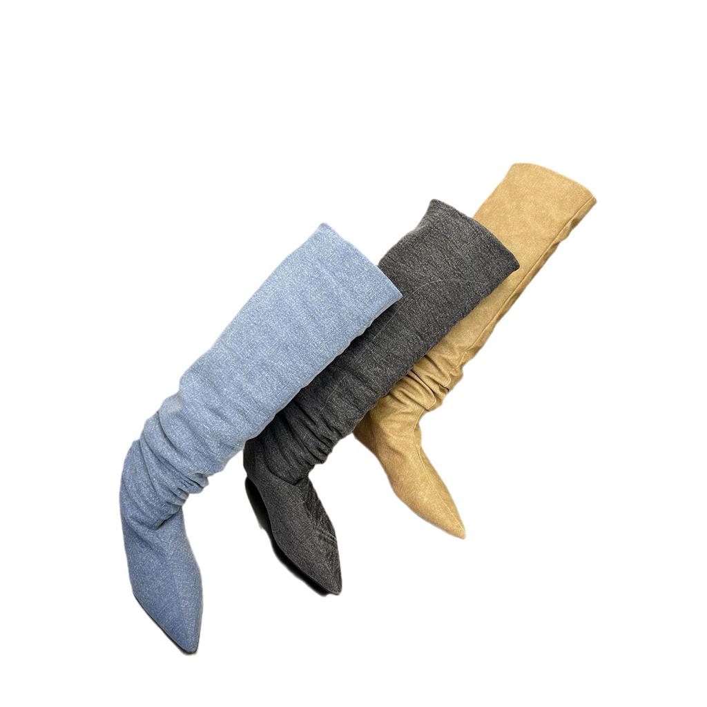 2025 Autumn New Models Are Flat-bottomed Pointed-toed Tall Tube Two-through Knee Denim Blue Thin Knight Women's Pleated Boots