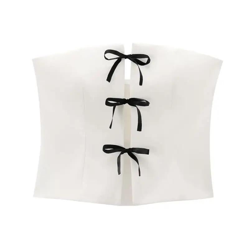 

Сексуальные топы Y2k со шнуровкой без рукавов, летние женские элегантные футболки с открытой спиной для улицы, модные шикарные повседневные топы с бантом и бретельками для пляжного клуба L белый