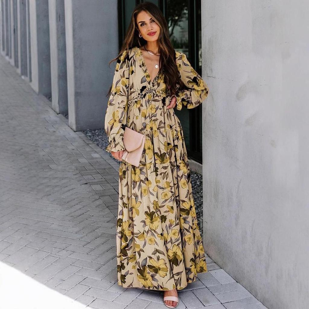2025 Women's Fashion Long Sleeve Evening Dress - European & American Print Design