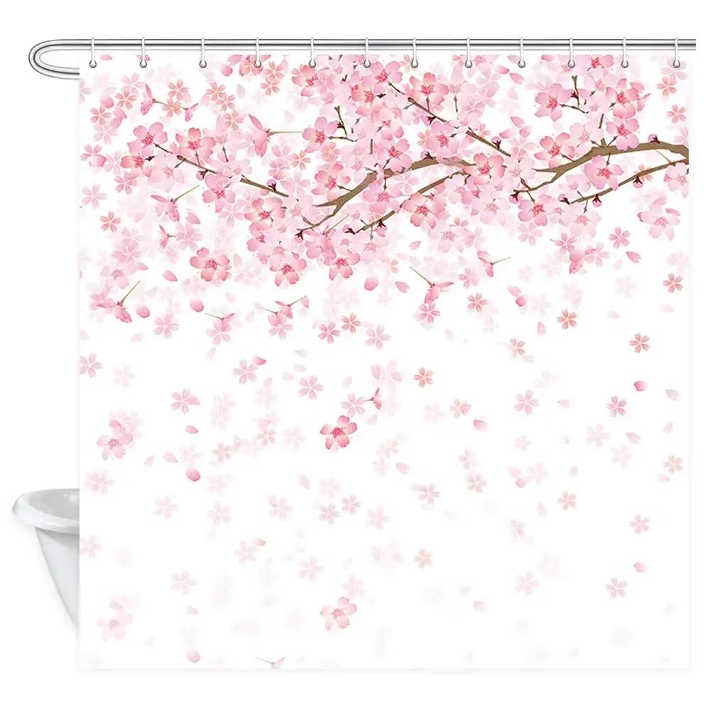 Cherry Blossom Shower Curtain Japanese Shower Curtain Floral Sakura Plum Blossom Flower Shower Curtains Teal Blue and Pink Decor