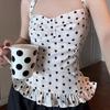 Dámský top bez rukávů s puntíky a zavazováním za krkem, styl „Čistá touha“ obepínající pas