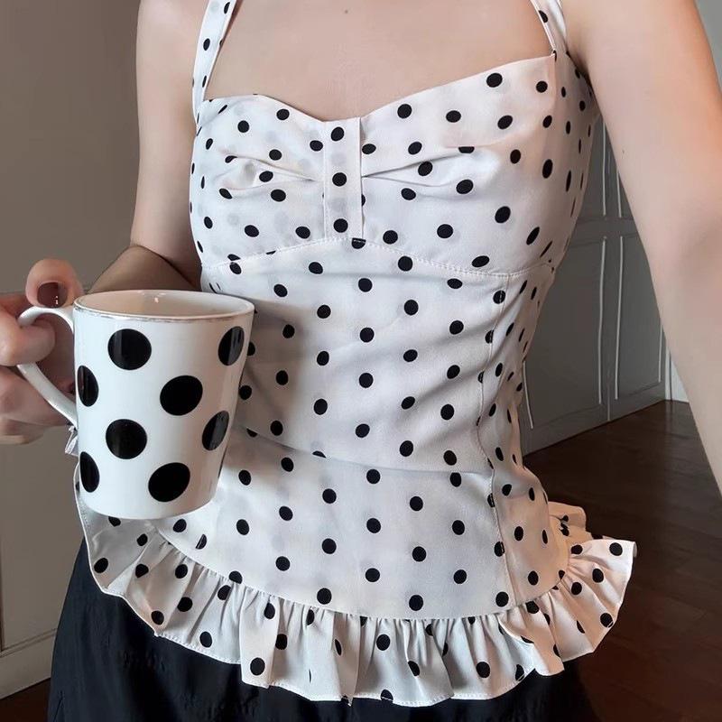 Dámský top bez rukávů s puntíky a zavazováním za krkem, styl „Čistá touha“ obepínající pas