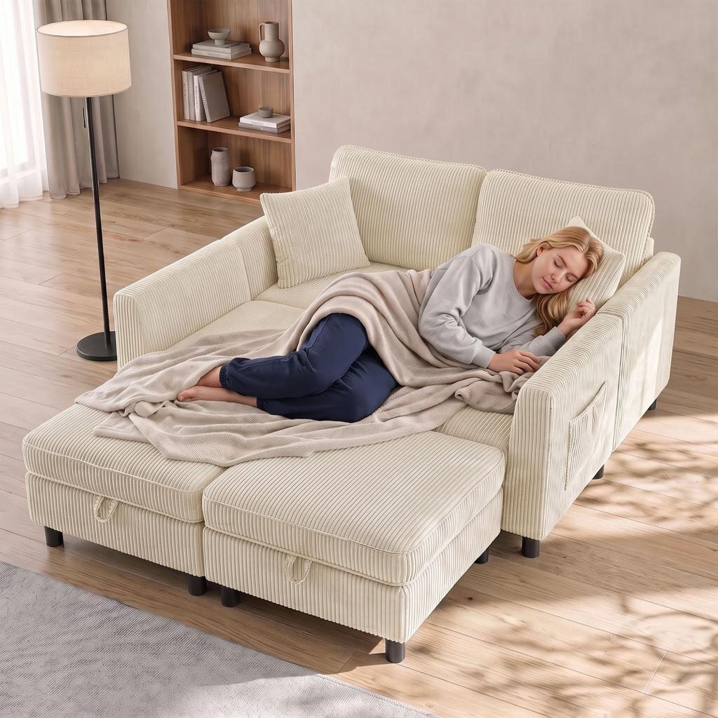 Modular U-Shaped Corner Sofa, 4-Seater, 306 cm, Corduroy, 2 Storage Ottomans, 4 Cushions, Cream