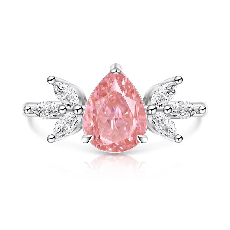 925 Sterling Silver Ice Flower Cut Pear Shape Color Gem Ring for Women Inlaid Brilliant High Carbon Diamond Band Daily Jewelry Gift