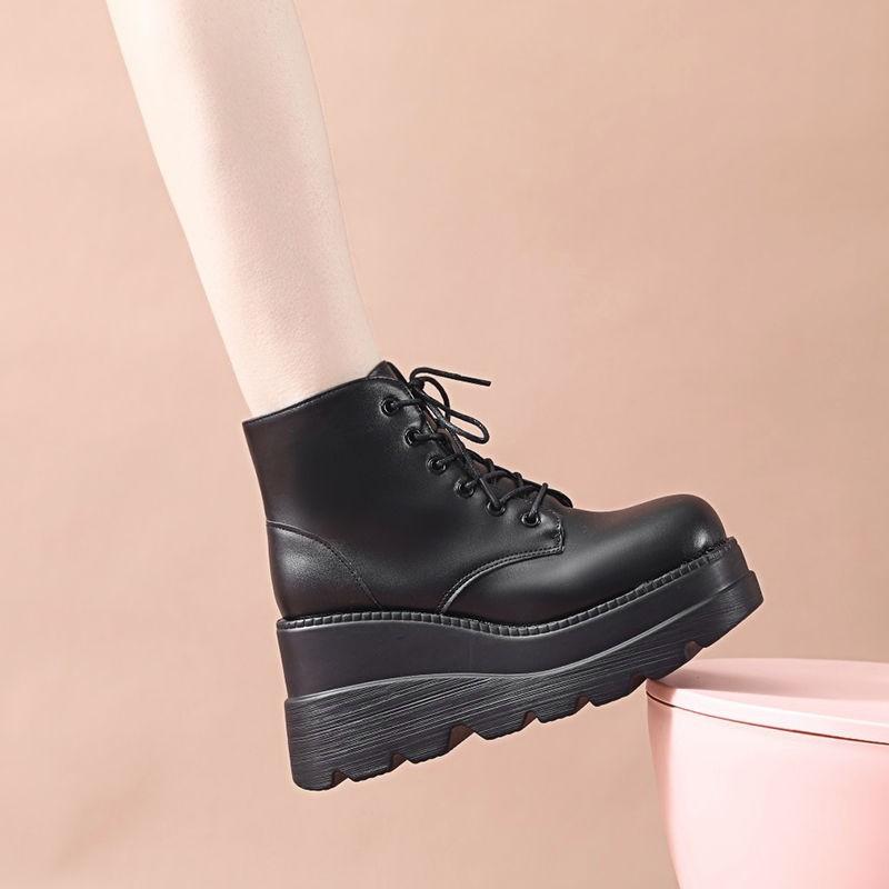 Fashion 2024 Latest Sloping Heel Height Increasing Casual Women's Shoes with Sponge Sole and British Style Short Tube Boots for Women