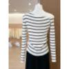 This Off-the-shoulder, Color-blocking Striped Long-sleeved Knitted Sweater Is A Slimming and Form-fitting Top for Women In Early Autumn