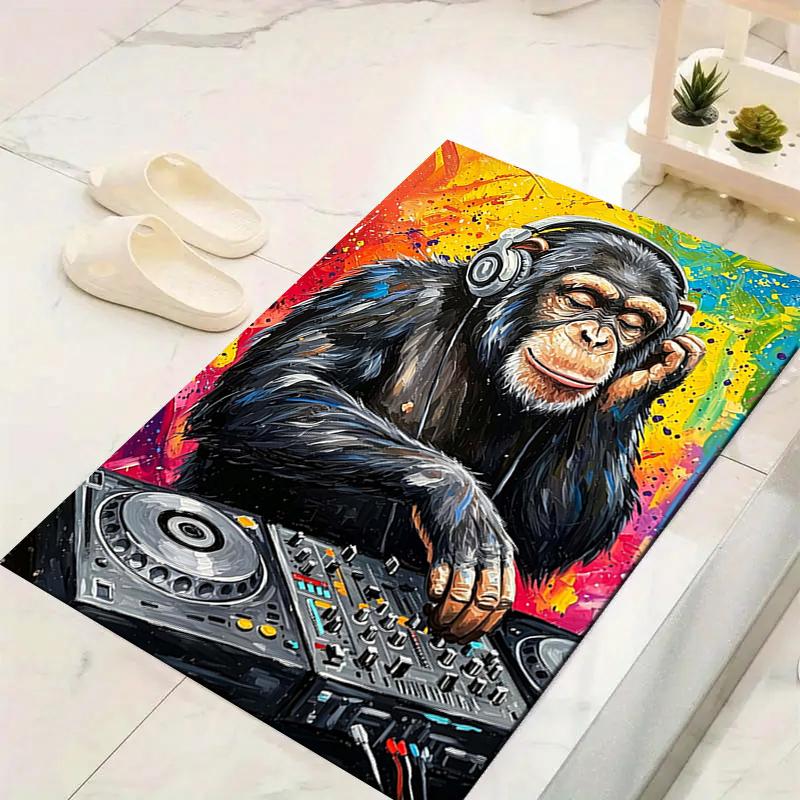 1Pc Monkey Dj Party Vibes Rug, Office Carpet Indoor Outdoor Doormat, Non-Slip Soft, Living Room, Christmas Halloween Gift. M928121