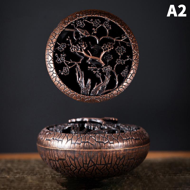 Brûleur d'encens antique avec couvercle creux, porte-bobine anti-moustiques en métal et bambou, orchidée prune, plaque de poêle à encens en bois de santal pour la maison