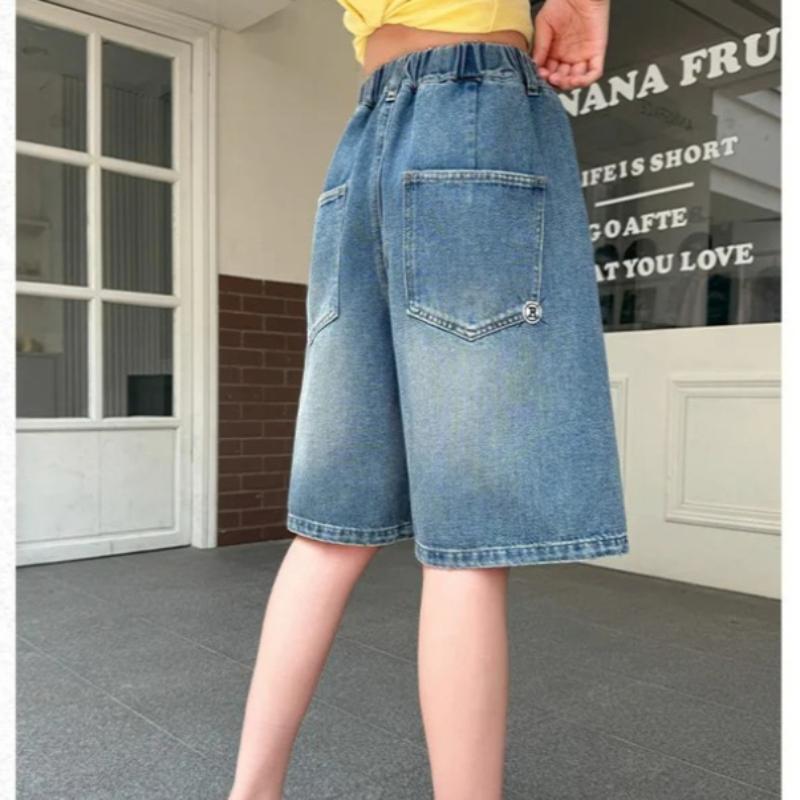 Sommer Mädchen Jeansshorts Kinder Blaue Kurze Jeans Tween Hosen Kinder Kurze Hosen Kleinkind Lässig Weiche Knielange Jeans Caprihosen