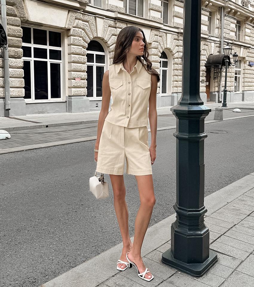 Französisches Sommer Baumwoll-Leinen Damen Tanktop & Shorts Set – High-End, Trendige Mode für 2025