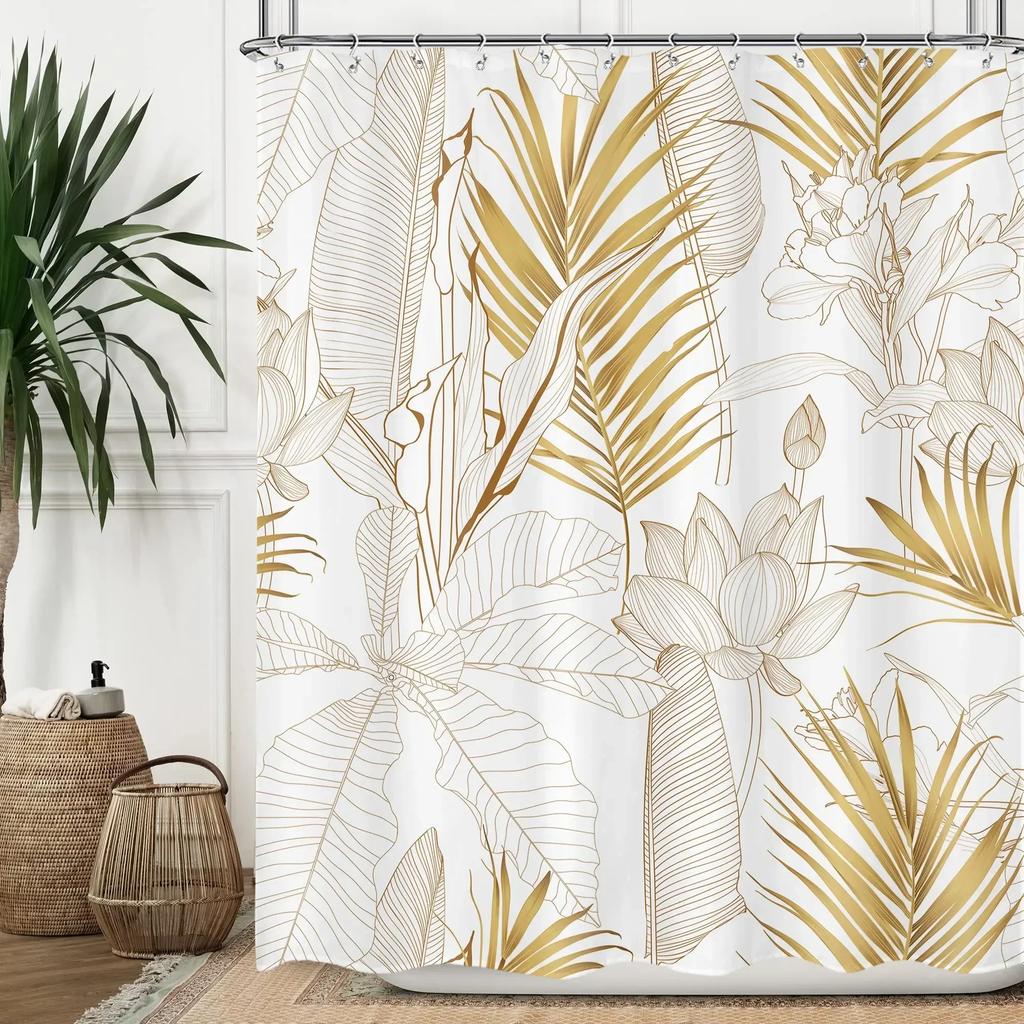 Green Hawaii Tropical Shower Curtain Green Gold Tropical Leaves Plant Fabric Bathroom Curtain Botanical Jungle Bath Curtain Set