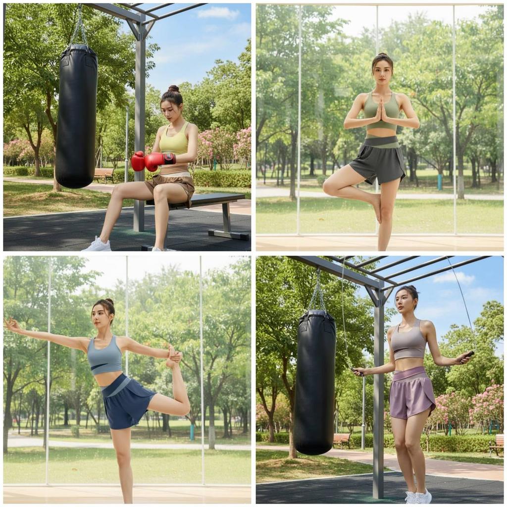 Conjunto de Shorts com Sutiã Esportivo e Top Regata Yoga Muay Thai Boxe Treino de Exercícios Pilates Fitness Workout Roupa Esportiva Feminina Academia Secagem Rápida Tecido Elástico