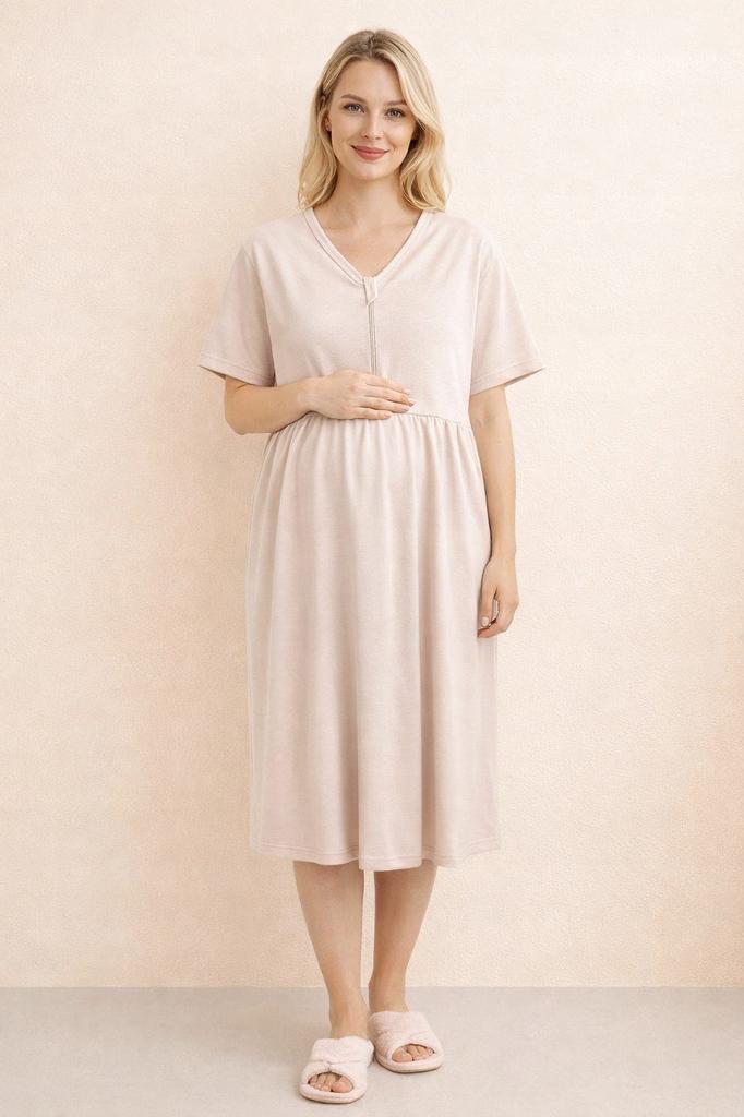 Maternity Nursing Shirt 3Xl 100% Cotton Short Sleeve Zipper Beige