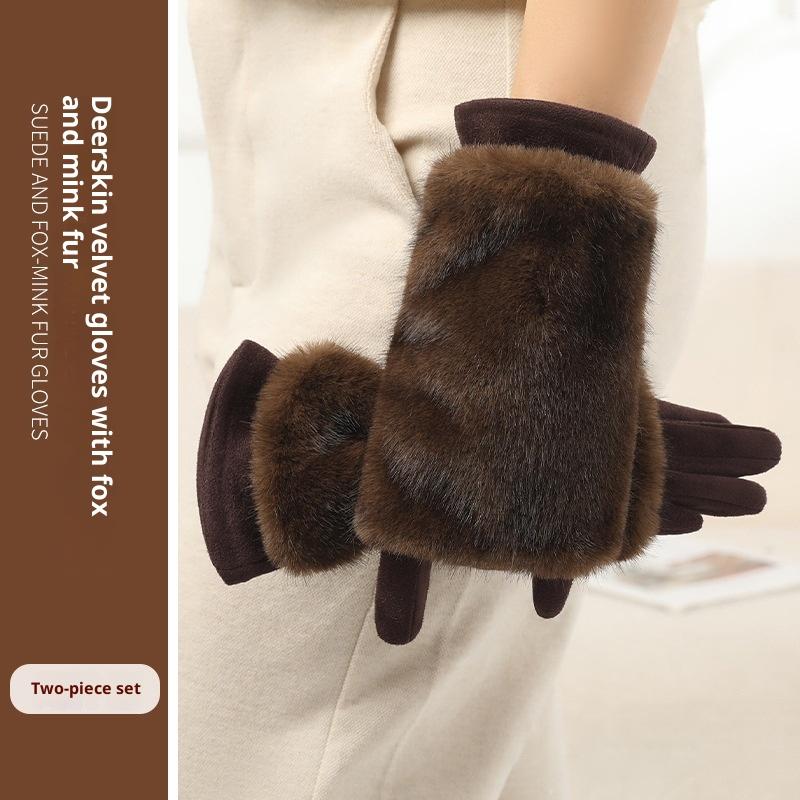 Damen Herbst- und Winterhandschuhe aus Kaninchenfell plus Samt verdickt winddicht und warm Reiten Kälteschutz Touchscreen Wildlederhandschuhe