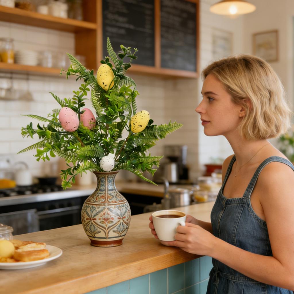 Easter Egg Branch With Foam Speckled Eggs, Festive Green Plant Decoration, Artificial Single Egg Branch.