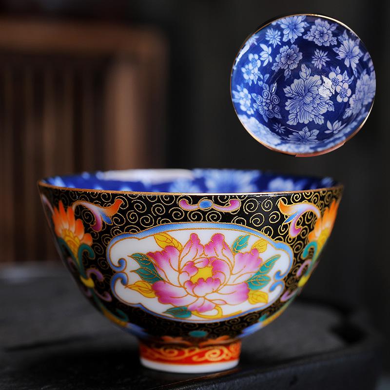 Ceramic Enamel Color Tasting Single Blue and White Douli Japanese Style Filigree Tea Bowl Kung Fu Master Cup Gift Bo