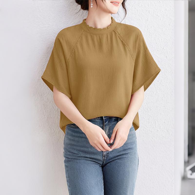 

ZANZEA Женская повседневная свободная летняя блузка с воротником-стойкой и коротким рукавом 5XL хаки