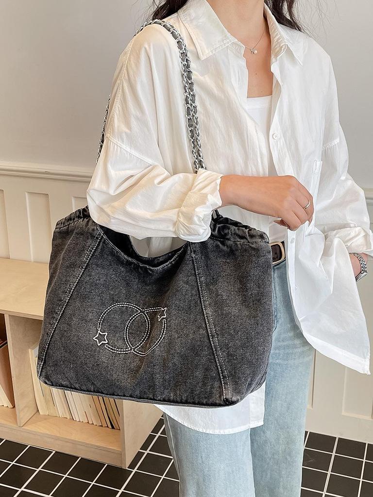 Denim Commuter Tote in Koreaanse Stijl: Retro Grote Capaciteit Okselketting Schoudertas