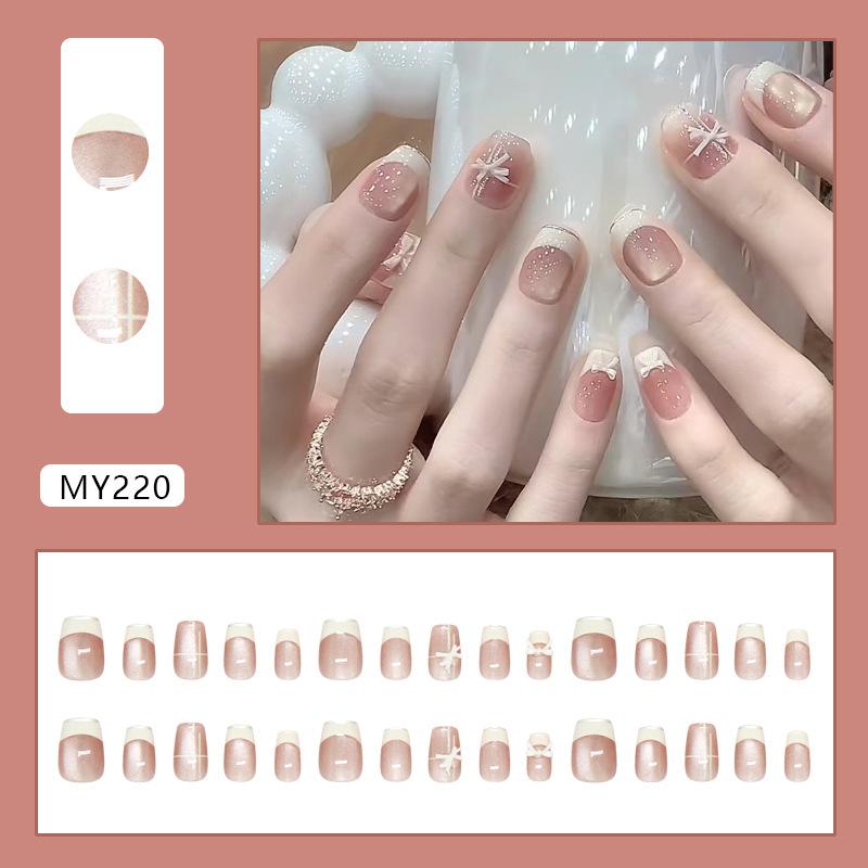 Кошачий глаз бант молочно-белый серебристый край французские линии сладкий девичий ins стиль Европа и Америка съемный маникюр 30 штук