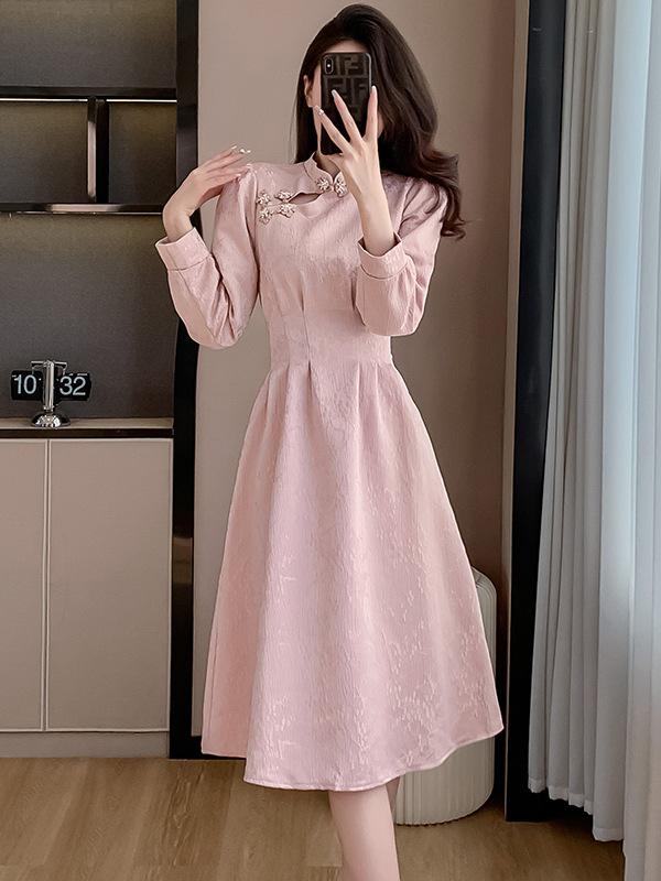 Pink Cheongsam Long Sleeve Bridesmaid Dress - Spring Engagement and Homecoming Style
