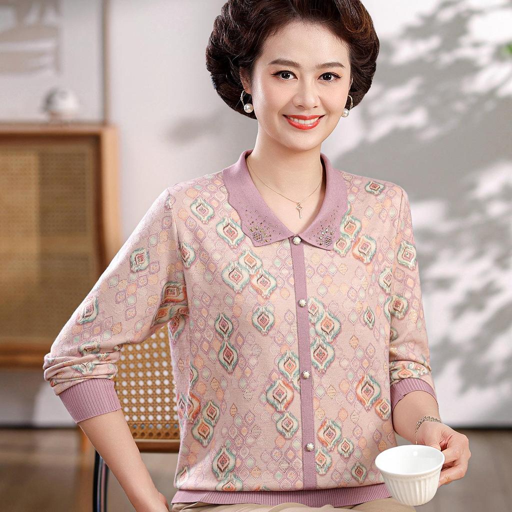 Elegant Spring Long-Sleeve Lapel T-Shirt for Stylish Middle-Aged Women