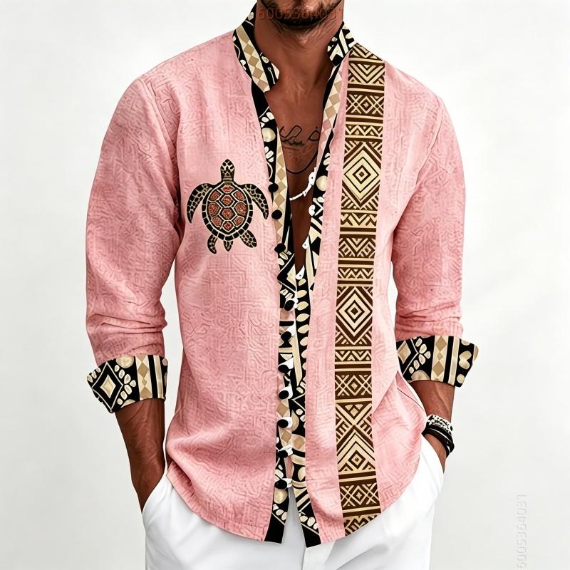 Men's Standing Collar Long Sleeved Shirt with Turtle Ethnic Geometric Pattern Printed Breathable Outdoor Casual Men's Top